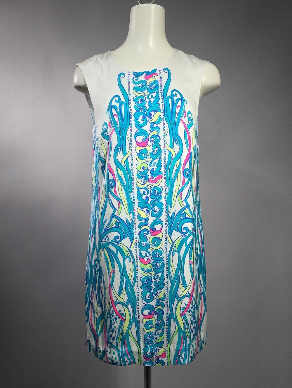 Lilly Pulitzer White Sleeveless Dress with Turquoise, Pink & Lime Motif R8